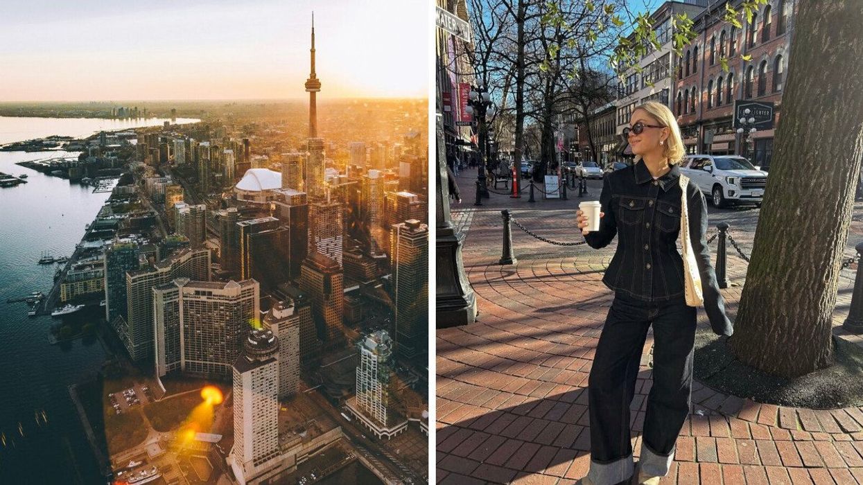 An aerial view of downtown Toronto at sunset, featuring the CN Tower and high-rise buildings covered in snow. Right: A woman in a dark denim outfit and sunglasses walks through Vancouver’s historic Gastown while holding a coffee, surrounded by brick buildings and trees