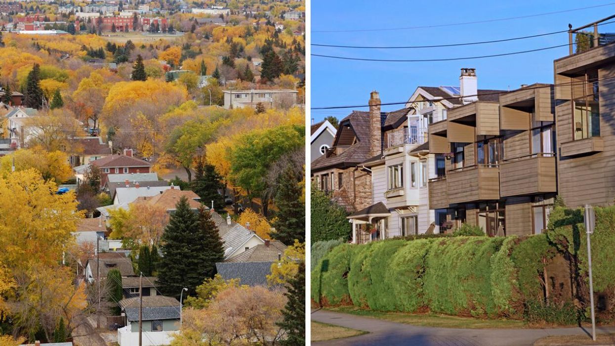 An aerial view of Edmonton houses in autumn. Right: Apartments and houses in Vancouver.