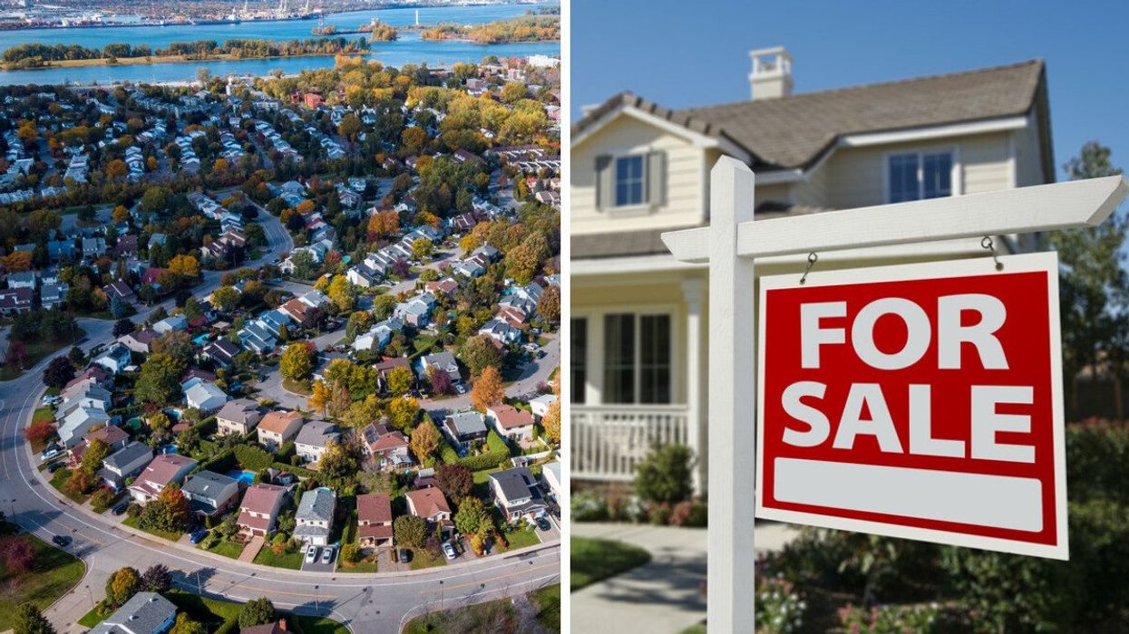 An aerial view of houses in Canada. Right: A "For Sale" sign in front of a white house.