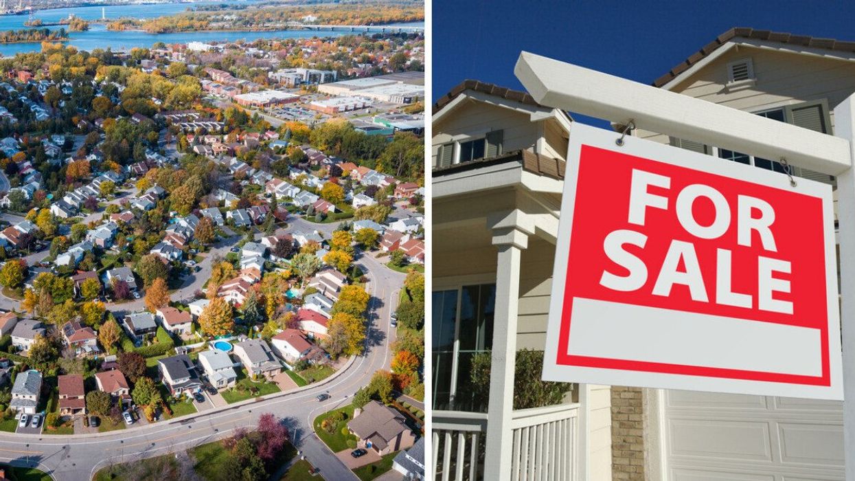 An aerial view of houses in Montreal. Right: A "For Sale" sign in front of a house.