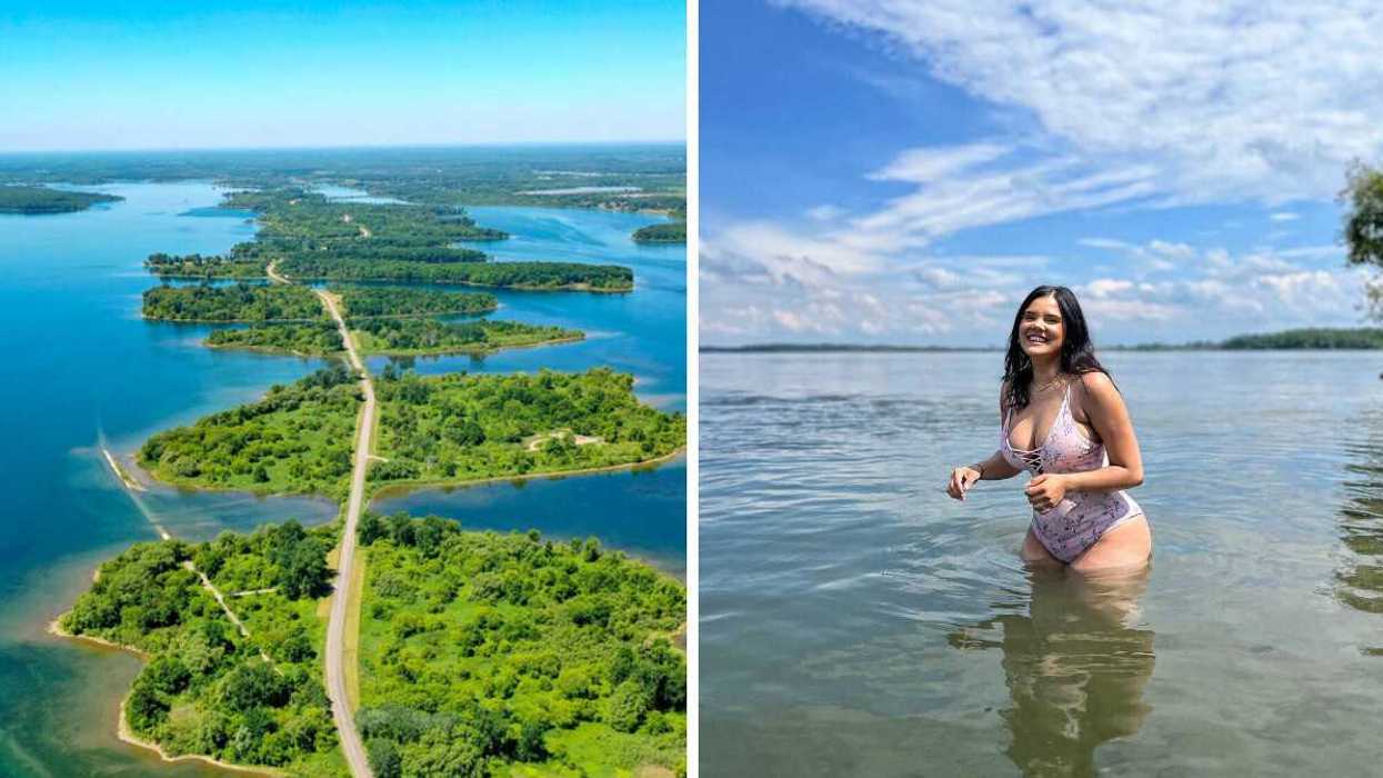 An aerial view of islands. Right: A person swimming.