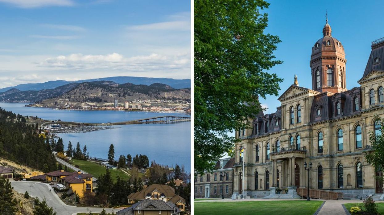 An aerial view of Kelowna, B.C. Right: The New Brunswick Legislative Building in Fredericton.