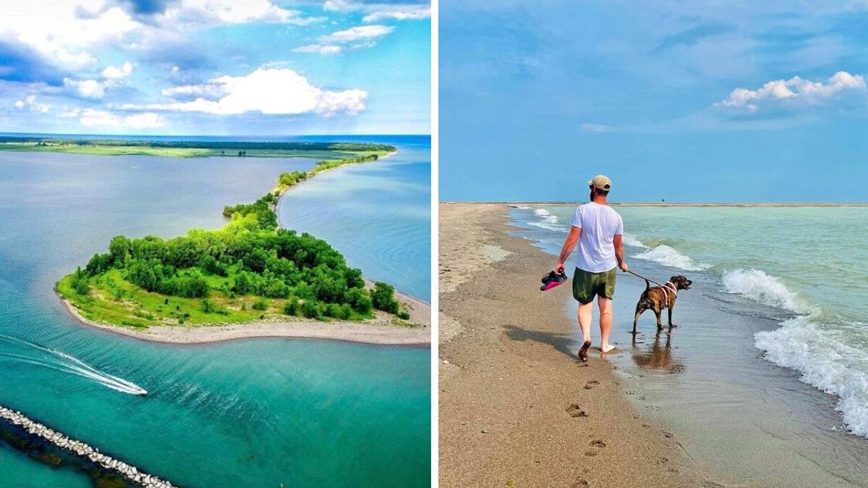 An aerial view of land surrounded by turquoise water. Right: A person and dog walking on a beach.