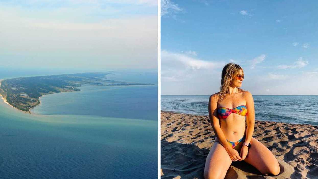 An aerial view of land surrounded by water. Right: A person sitting on a beach.