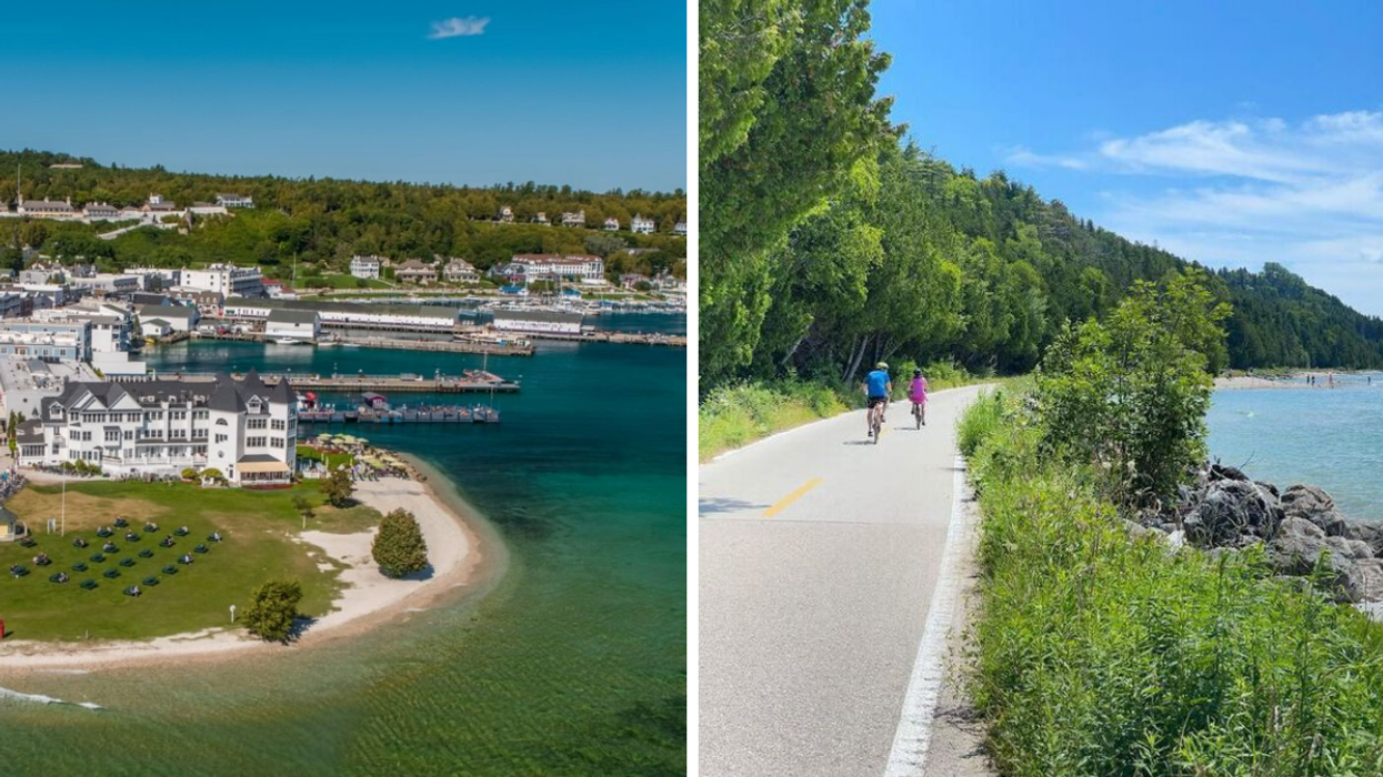 An aerial view of Mackinac Island. Right: People riding their bikes in Mackinac Island.