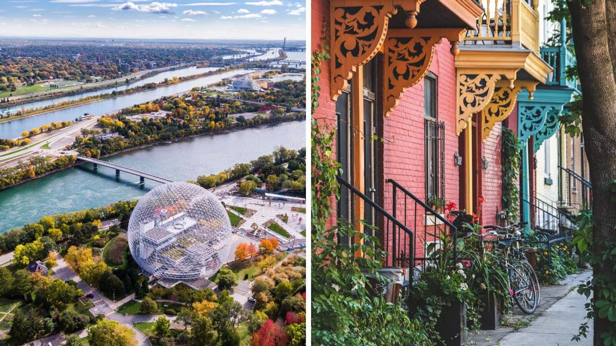 An aerial view of Montreal. Right: Colourful homes in Montreal's Plateau-Mont-Royal.