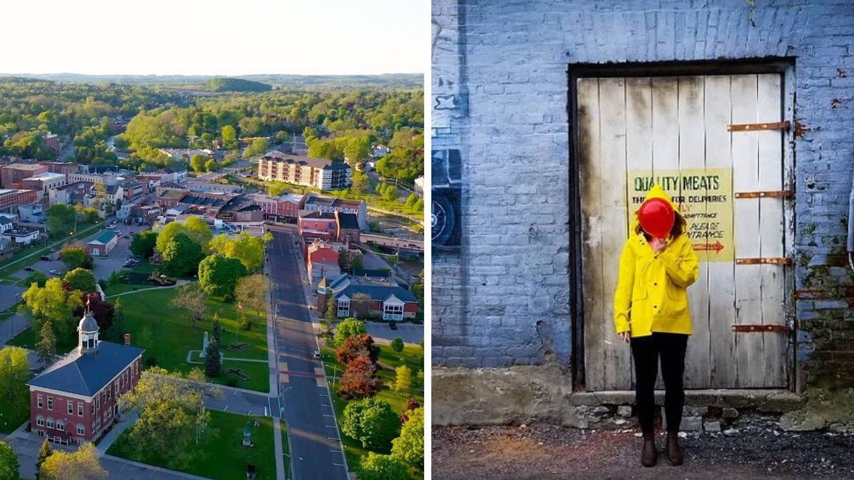 An aerial view of Port Hope. Right: A person holds a balloon in front of Quality Meats.