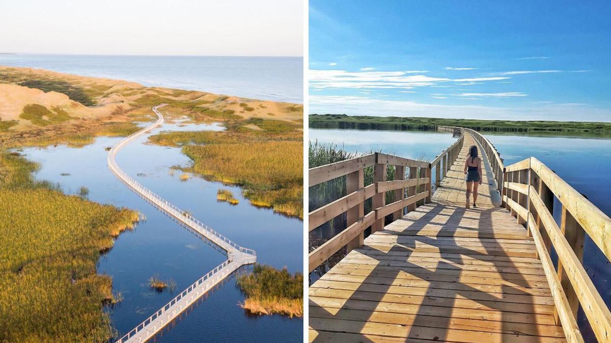 An aerial view of Prince Edward Island National Park. Right: A woman walks on a floating boardwalk.