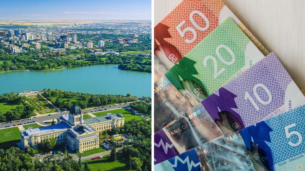 An aerial view of Regina, Saskatchewan. Right: Canadian money.