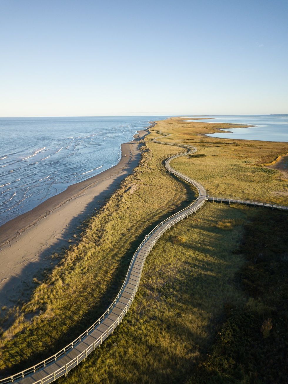 An aerial view of the boardwalk along la dune de Bouctouche, New Brunswick.