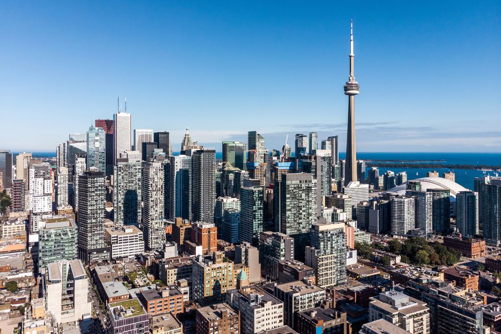 An aerial view of the city of Toronto and the CN Tower.