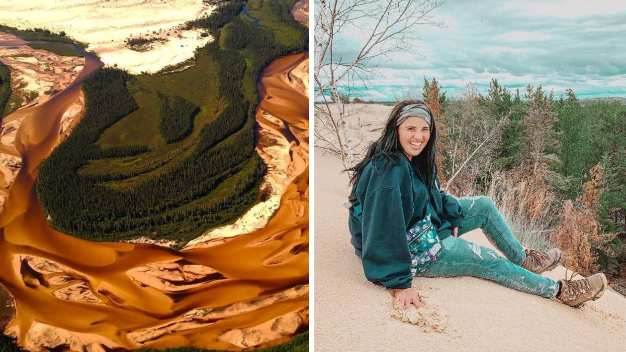 An aerial view of the sand dune. Right: A woman sitting on a sand dune.