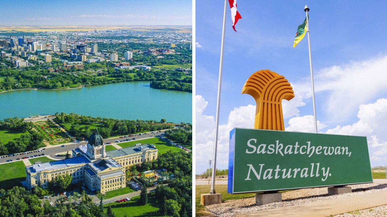 An aerial view of the Saskatchewan Legislative building. Right: A sign for Saskatchewan.