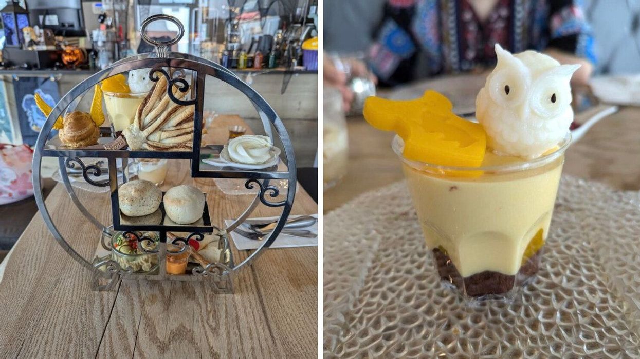 An afternoon tea set. Right: A dessert with an owl on it.