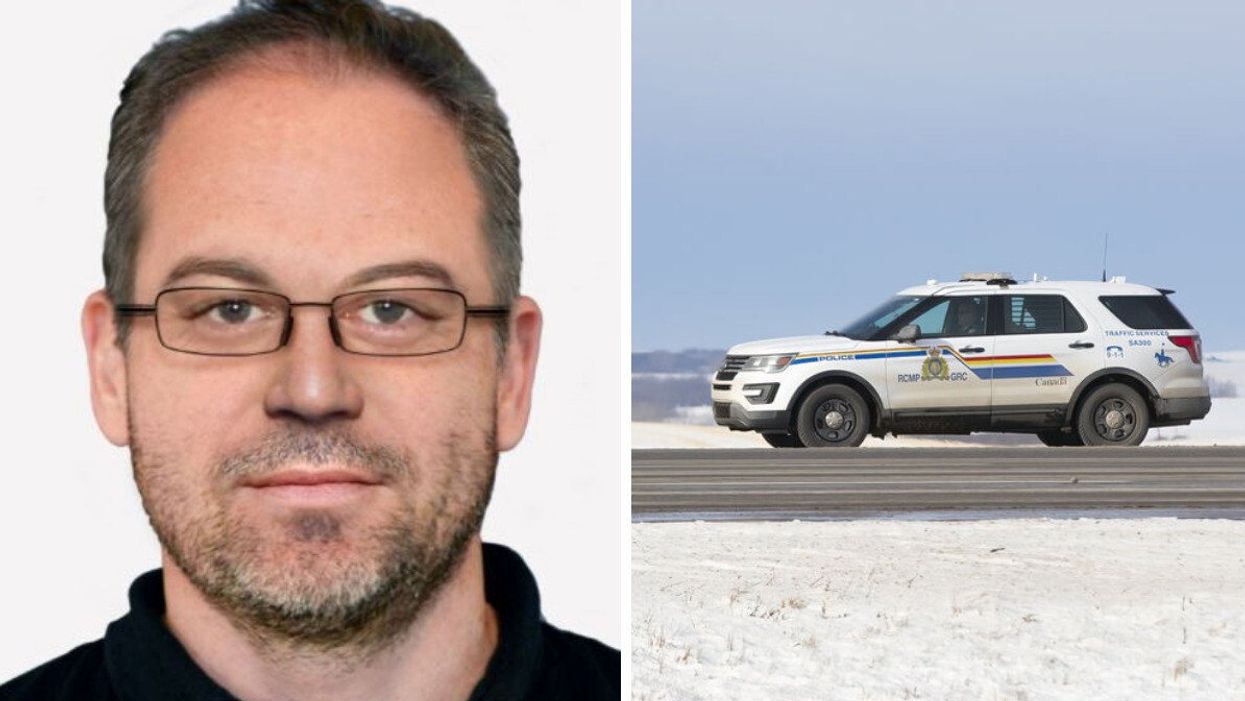 An age-progression photo of what Jeffrey Dupres might look like now. Right: An RCMP vehicle.