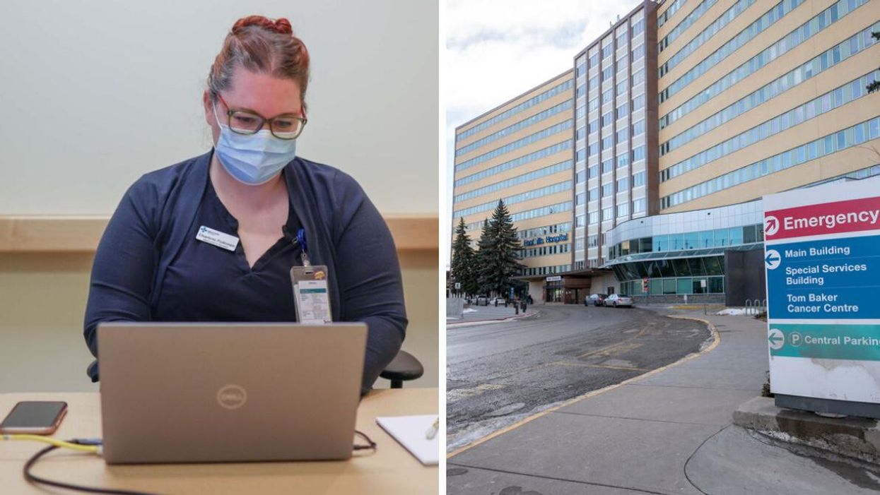 An AHS employee. Right: Foothills Hospital in Calgary.
