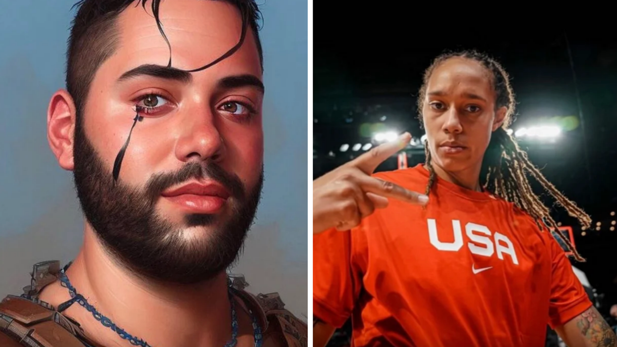  An AI-generated image of someone with futuristic designs on their face. Right: U.S. basketball star Brittney Griner.
