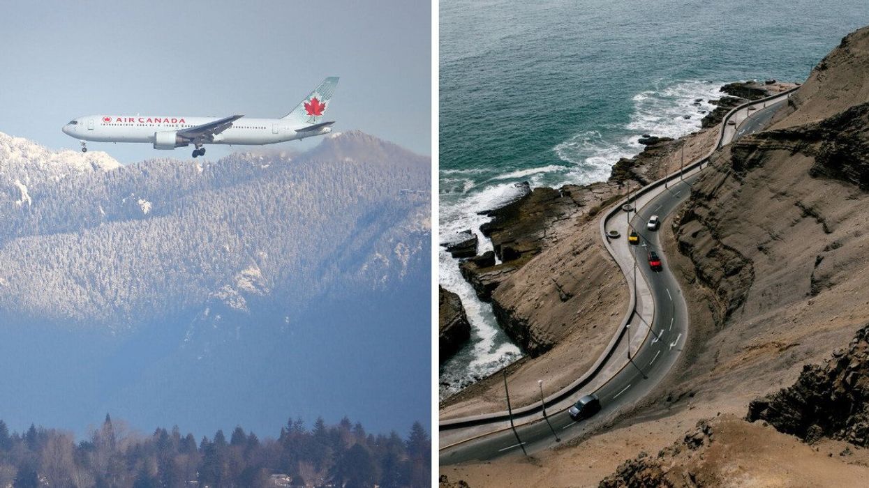 An Air Canada airplane. Right: Cars on a road.