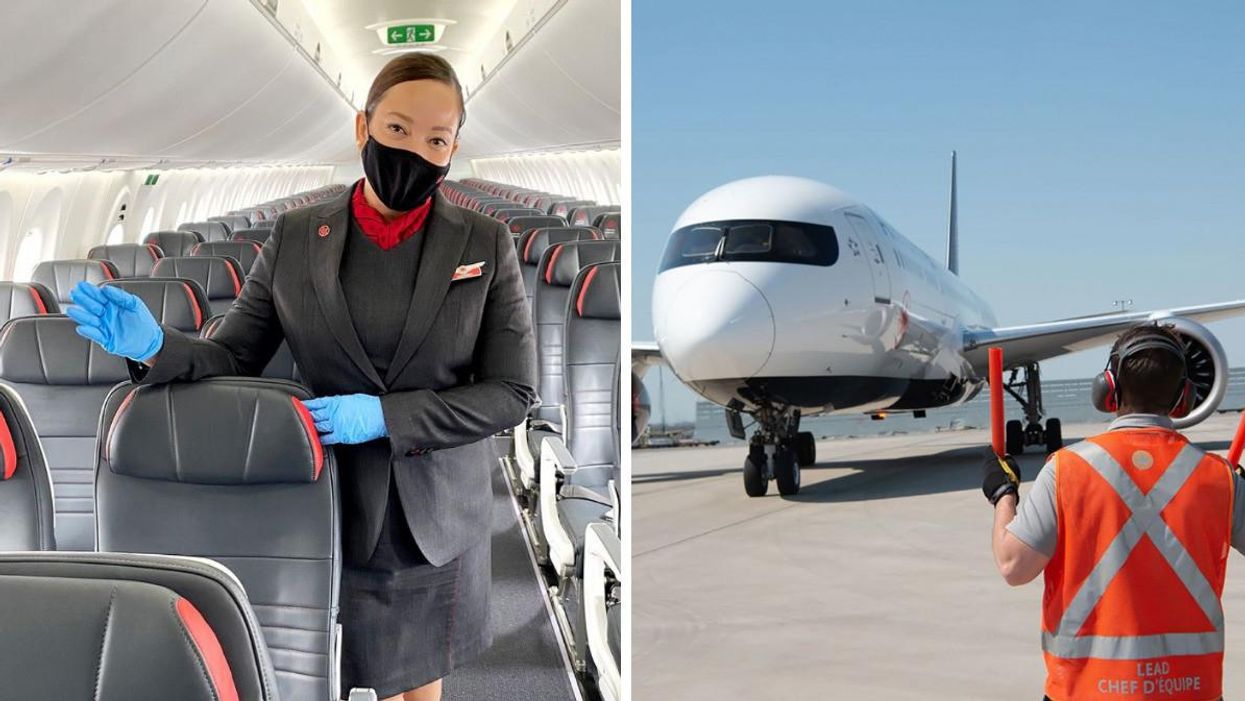 An Air Canada employee. Right: Airport worker guiding plane.