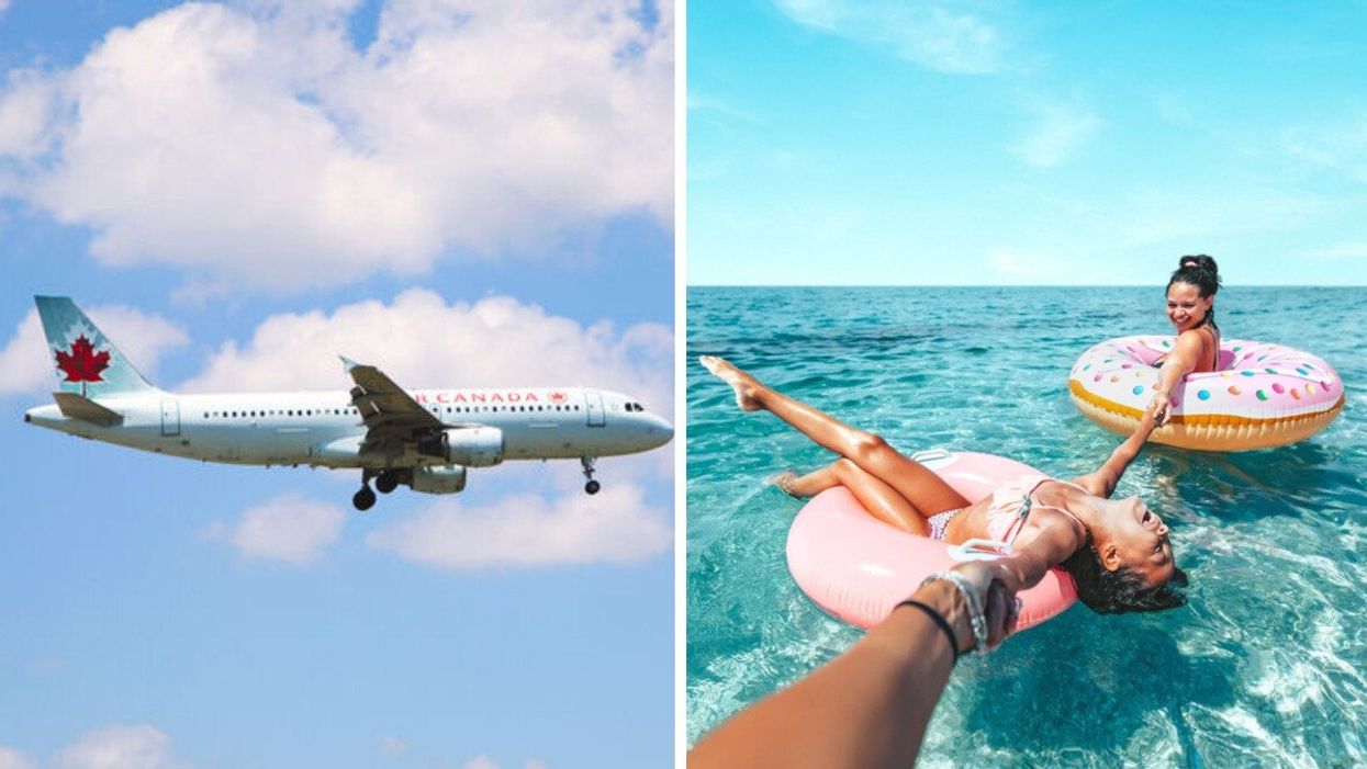 An Air Canada flight. Right: People in the ocean.