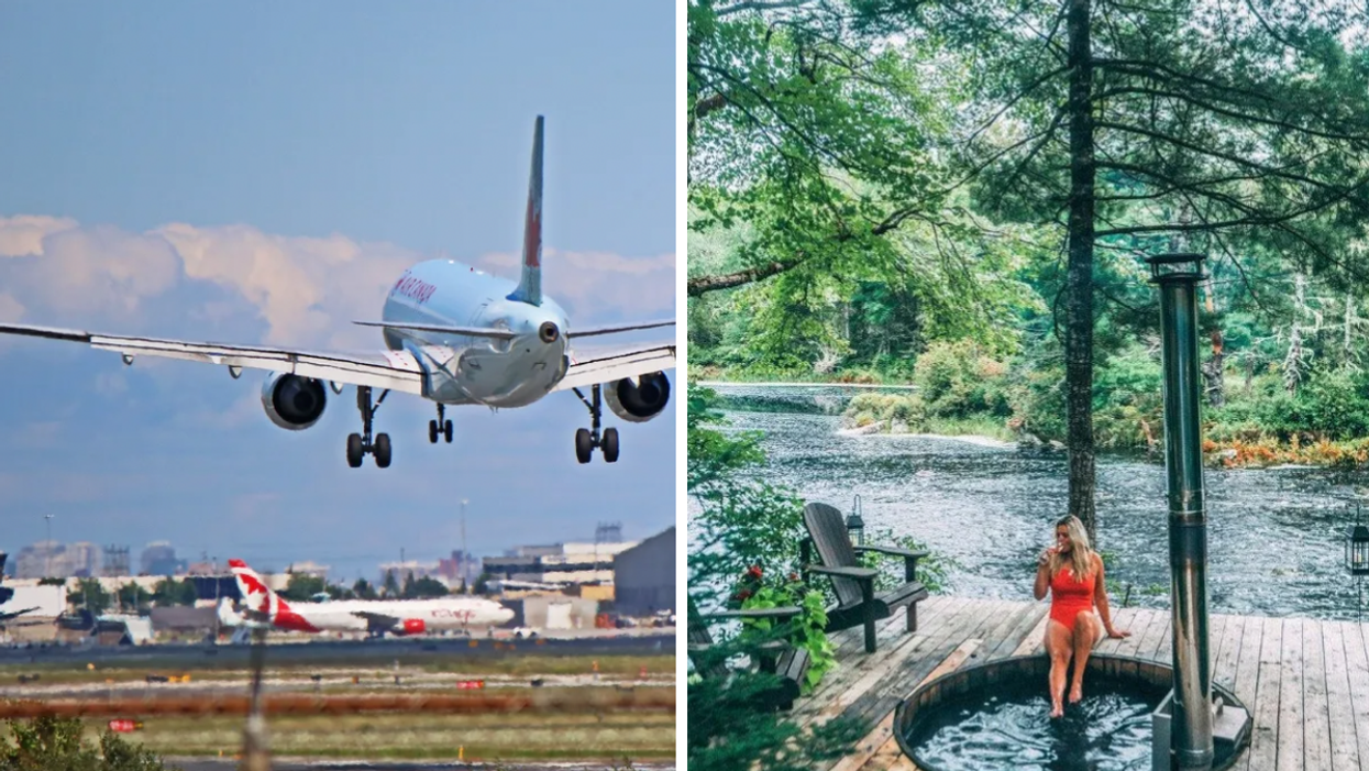 An Air Canada jet coming in for landing. Right: A woman at the Trout Point Lodge.