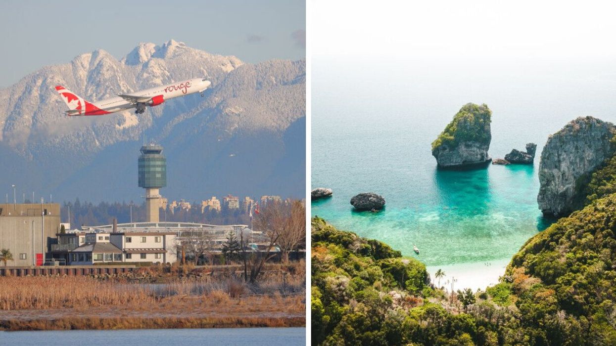 An Air Canada jet takes off in Vancouver. Right: Islands in Thailand.