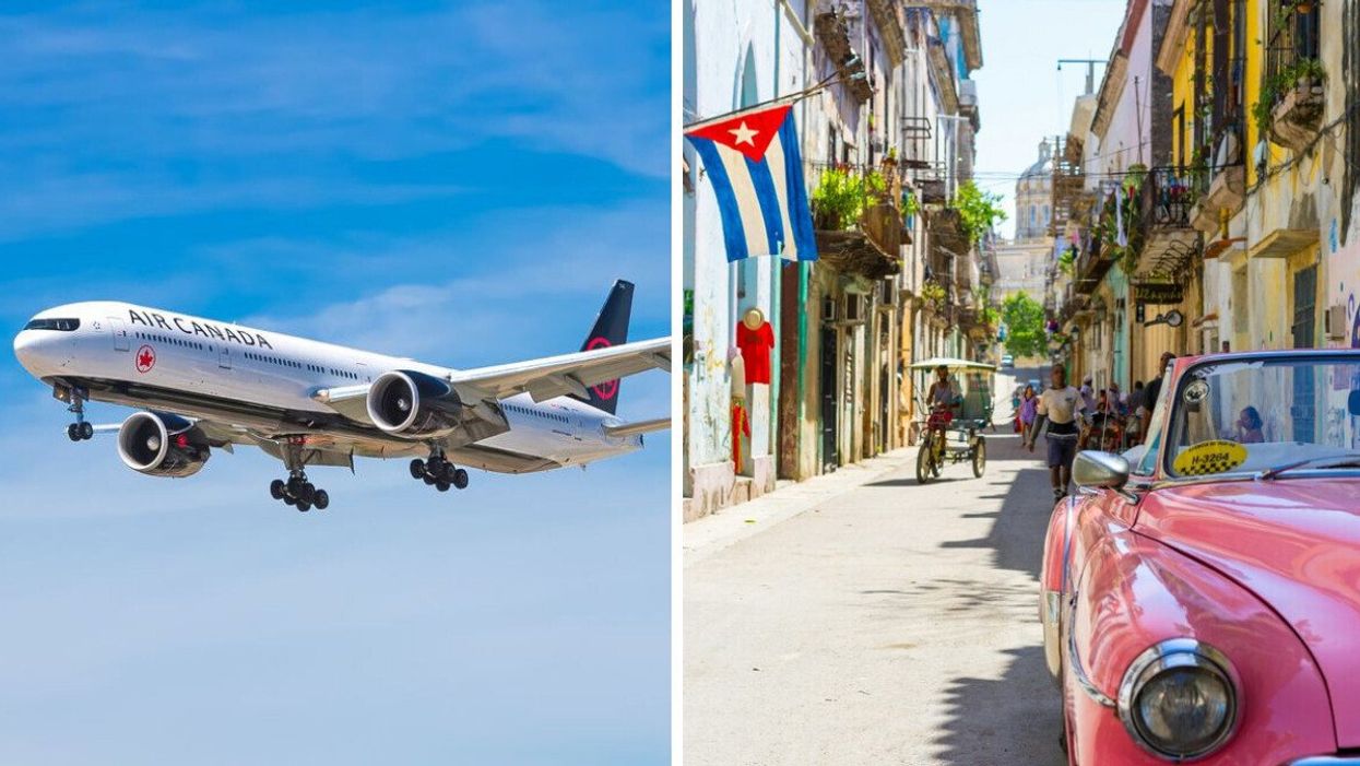 An Air Canada plane is seen in the sky. A red car is seen parked on a street in Cuba.