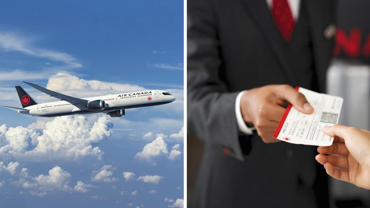 An Air Canada plane is seen in the sky. Right: A person holds an Air Canada boarding pass.