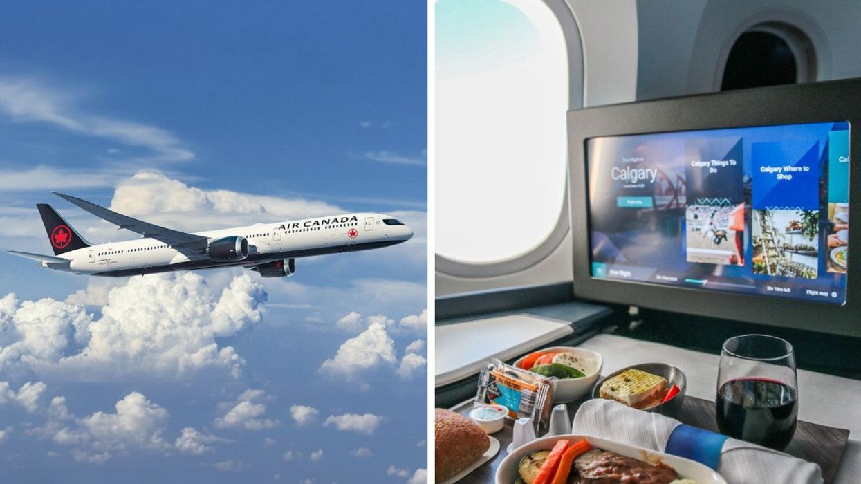 An Air Canada plane is seen in the sky. Right: A tray of food and a seat screen are see on a flight.
