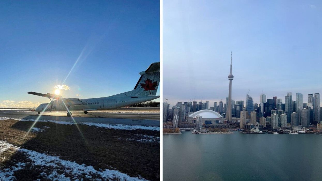 An Air Canada plane on the tarmac at Billy Bishop Airport. Right: My view from a Porter Airlines flight after takeoff.