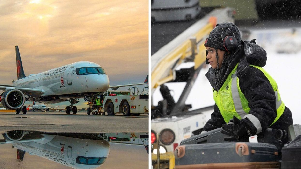 An Air Canada plane on the tarmac. Right: An Air Canada employee handling baggage.