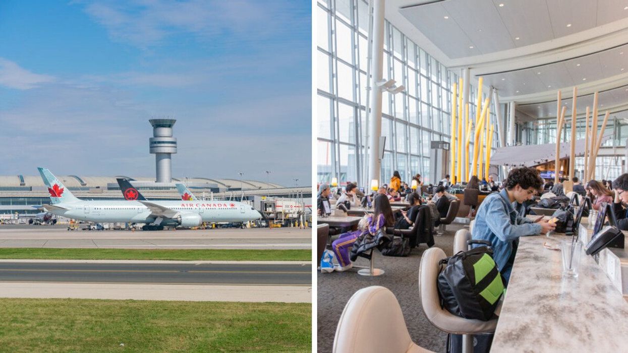 An Air Canada plane outside of Toronto Pearson Airport. Right: Passengers relaxing at Toronto Pearson Airport.