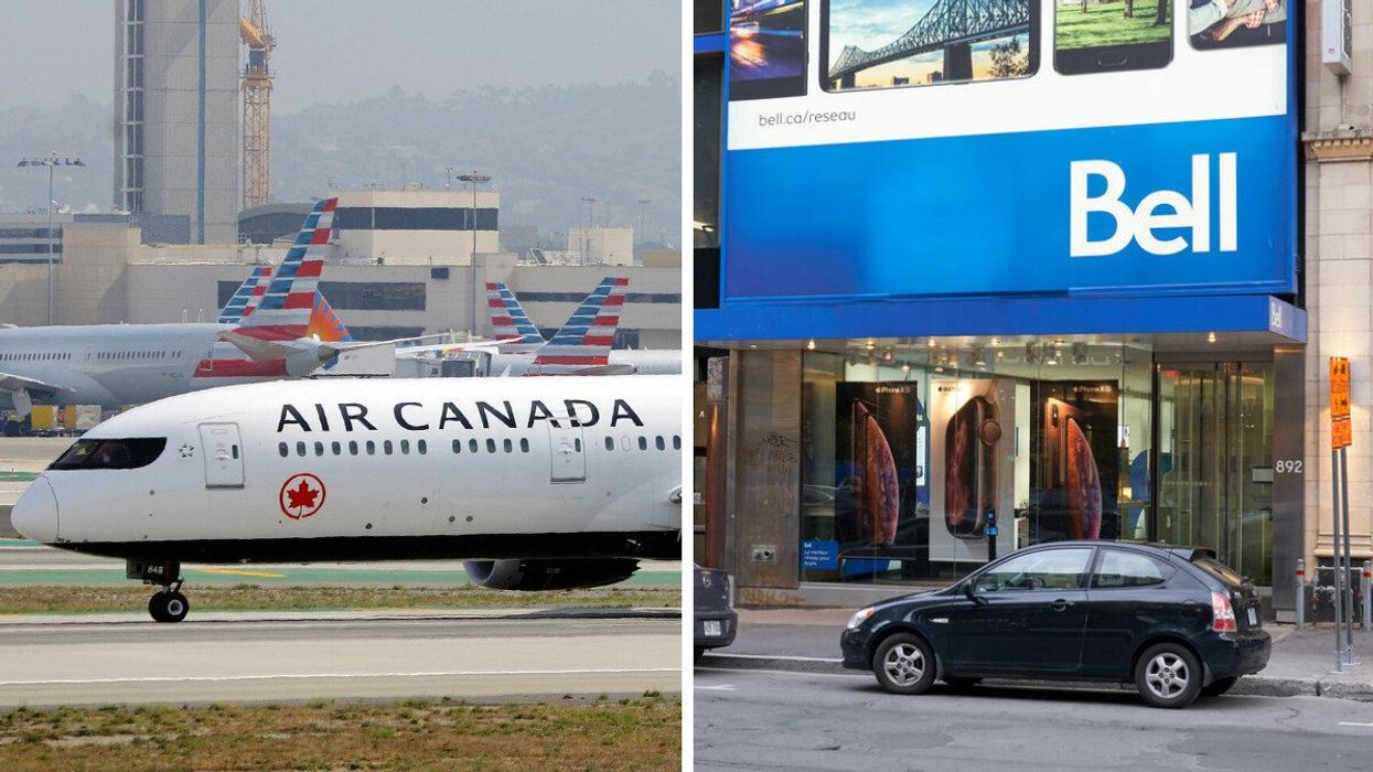 An Air Canada plane. Right: A Bell Canada store.