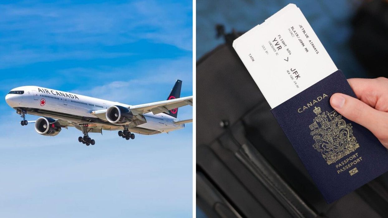 An Air Canada plane. Right: A Canadian passport.