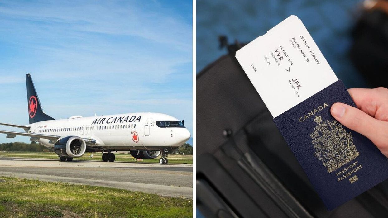 An Air Canada plane. Right: A person holds a Canadian passport.