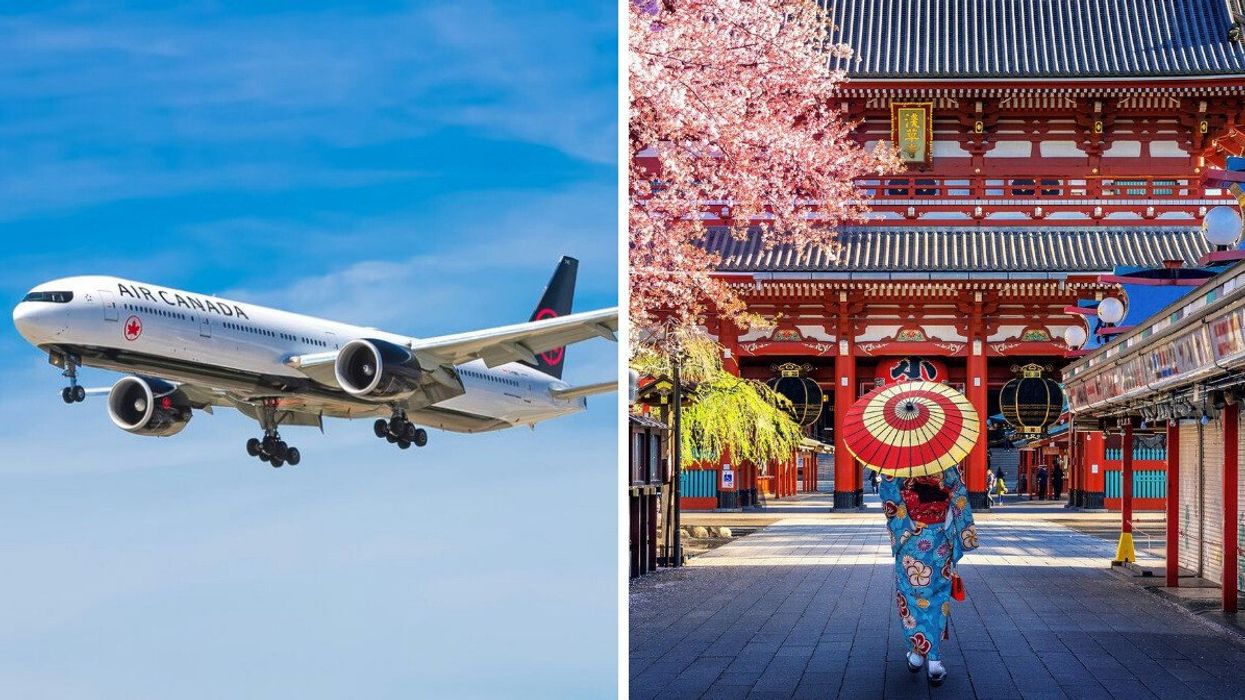 An Air Canada plane. Right: A person walks with a parasol in Japan.