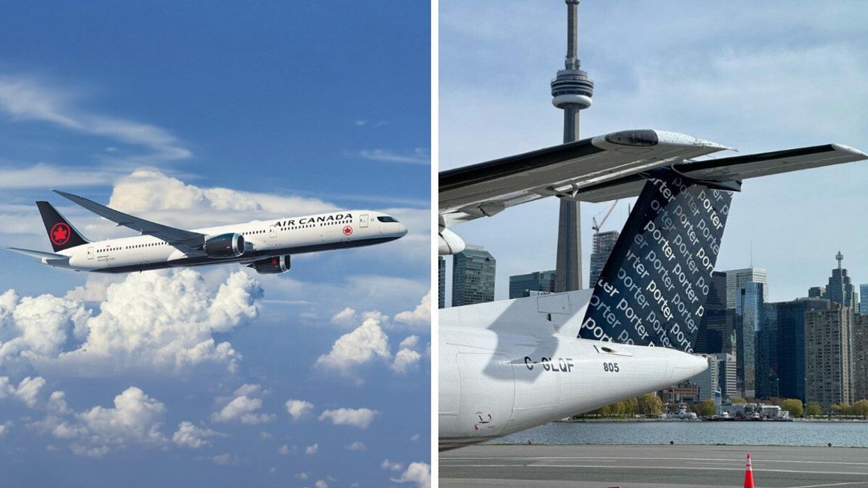 An Air Canada plane. Right: A Porter Airlines plane at Billy Bishop Airport in Toronto.