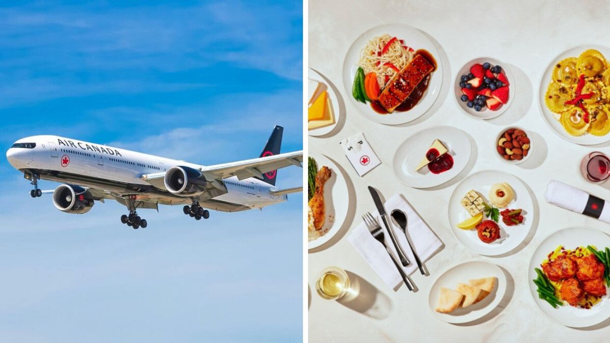 An Air Canada plane. Right: Air Canada meals.