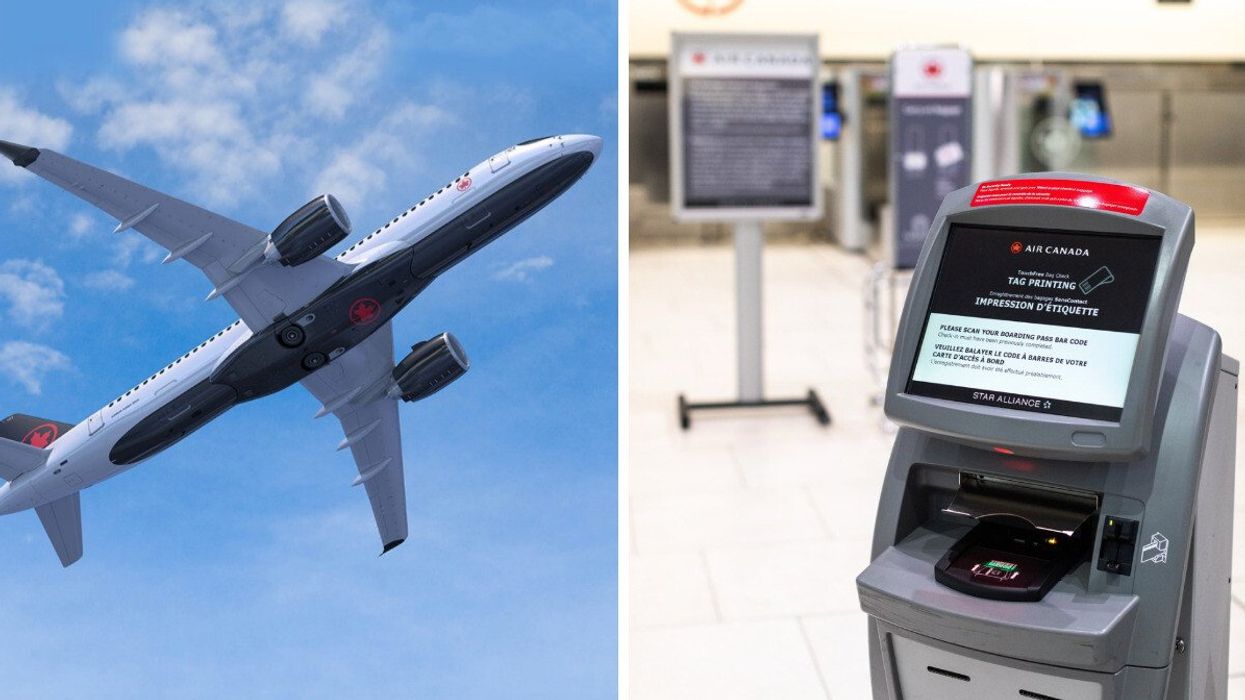 An Air Canada plane. Right: Air Canada's bag check.