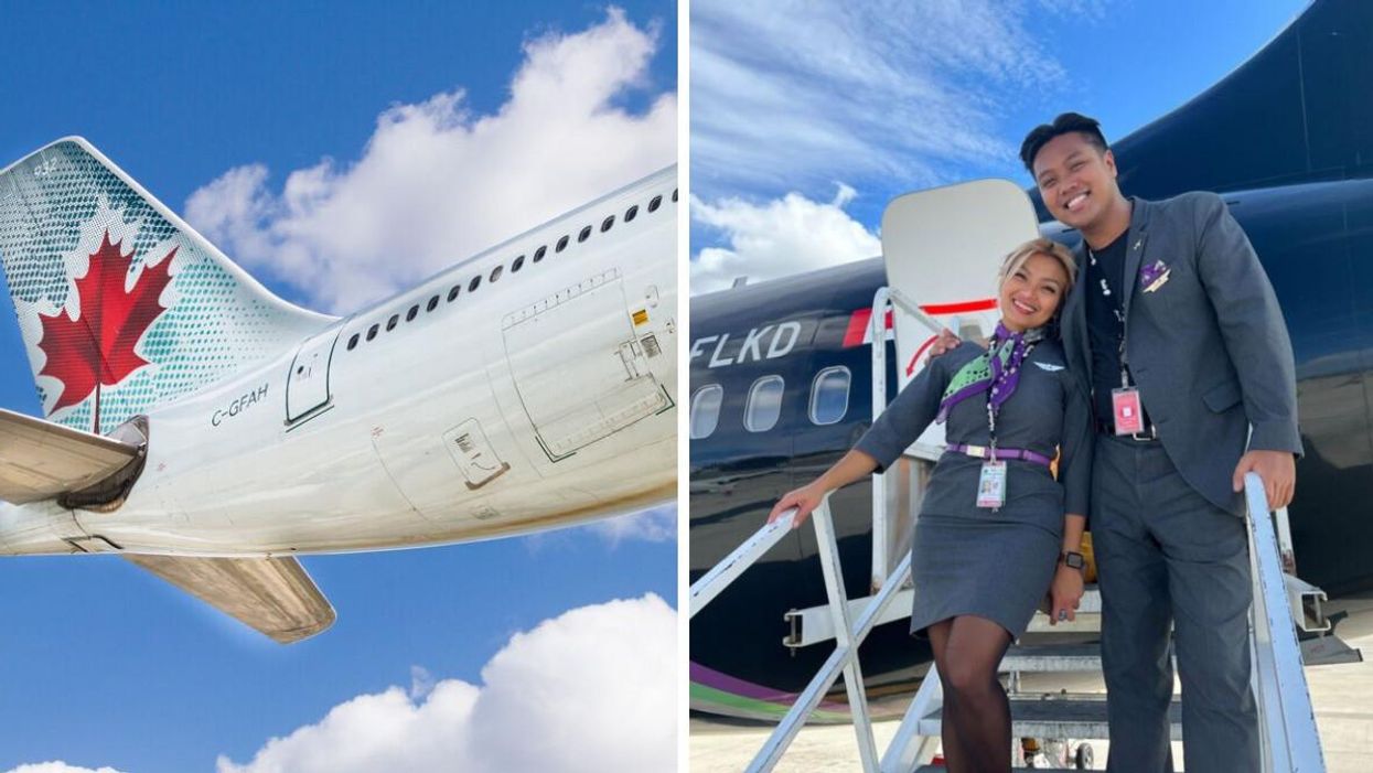 An Air Canada plane. Right: Flair Airlines crew members.