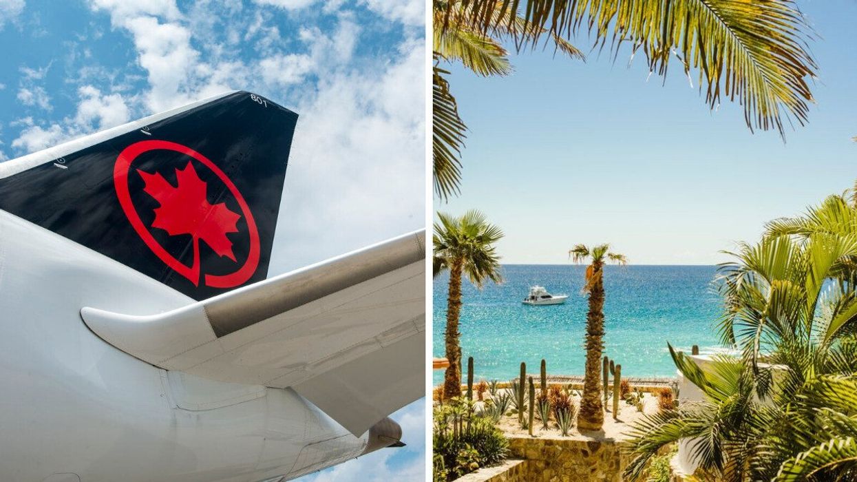 An Air Canada plane. Right: Los Cabos, Mexico.
