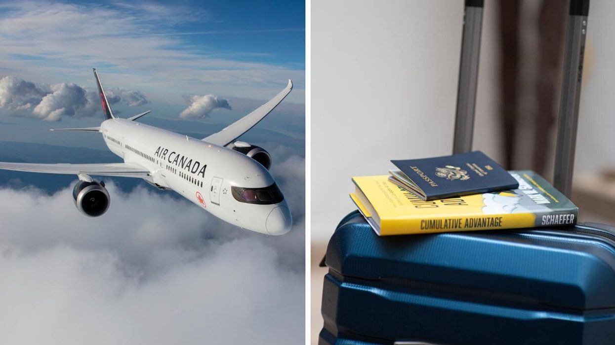 An Air Canada plane. Right: Luggage with a passport.