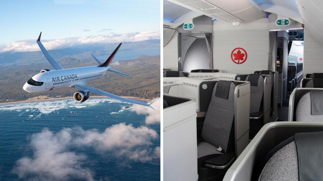 An Air Canada plane. Right: Seats in Air Canada's Signature Class cabin.