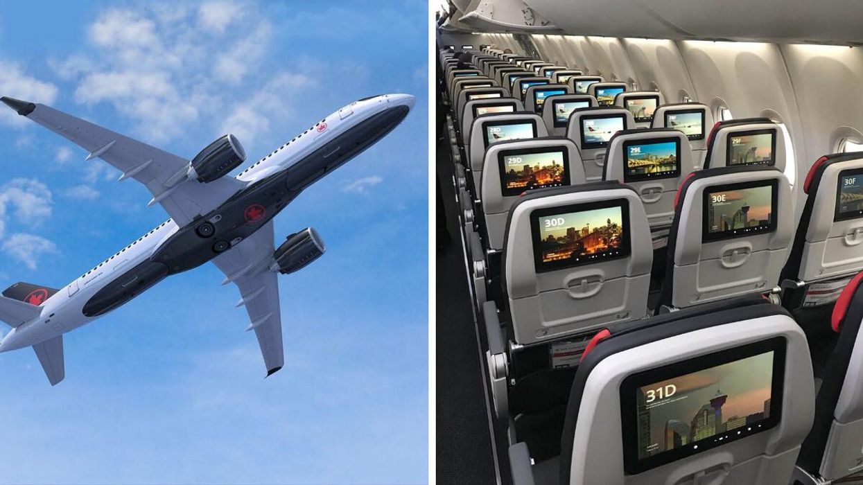 An Air Canada plane. Right: Seats on an Air Canada plane.