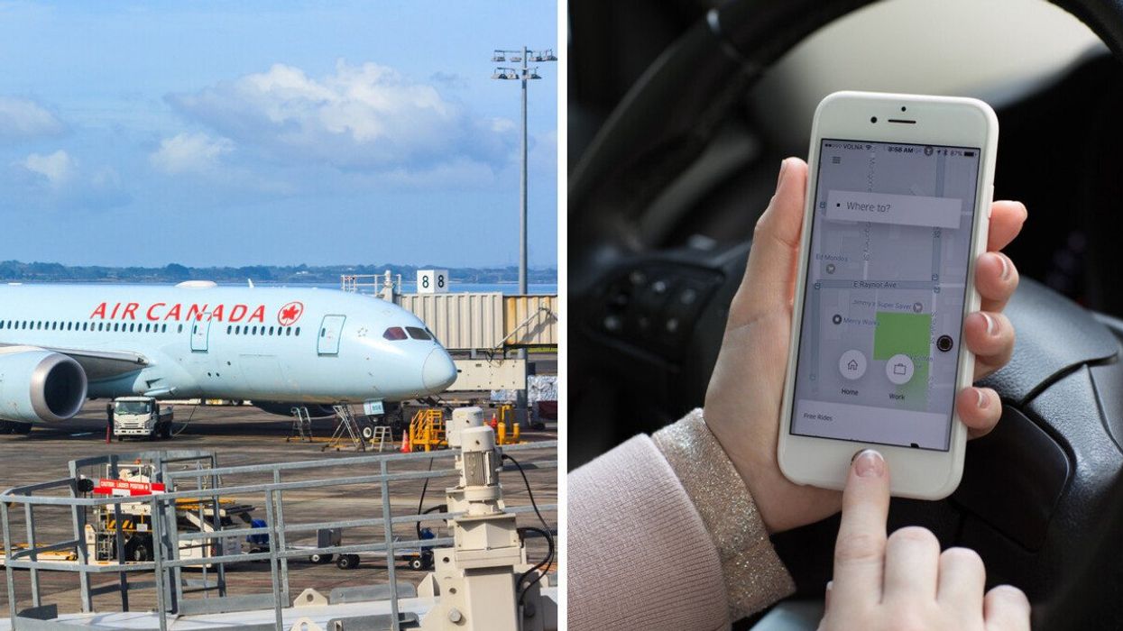 An Air Canada plane. Right: Someone using the Uber app