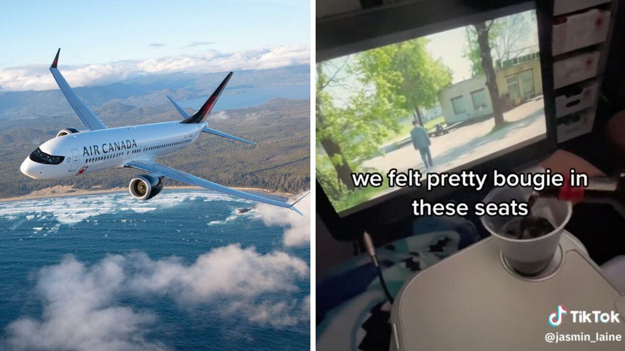 An Air Canada plane. Right: TikToker Jasmin Laine's flight.
