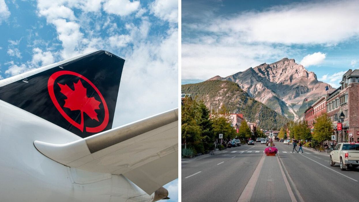 An Air Canada plane tail. Right: Banff, Alberta.
