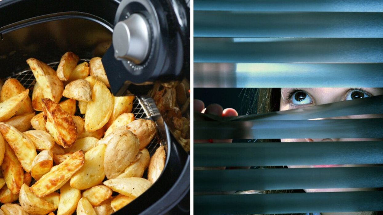 An air fryer basket filled with potato wedges. Right: A person looking through a set of blinds.