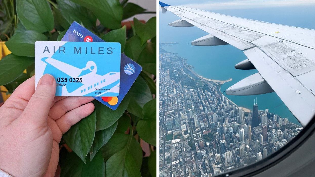 An AIR MILES collector card and BMO Mastercard. Right: Chicago seen from a plane window.