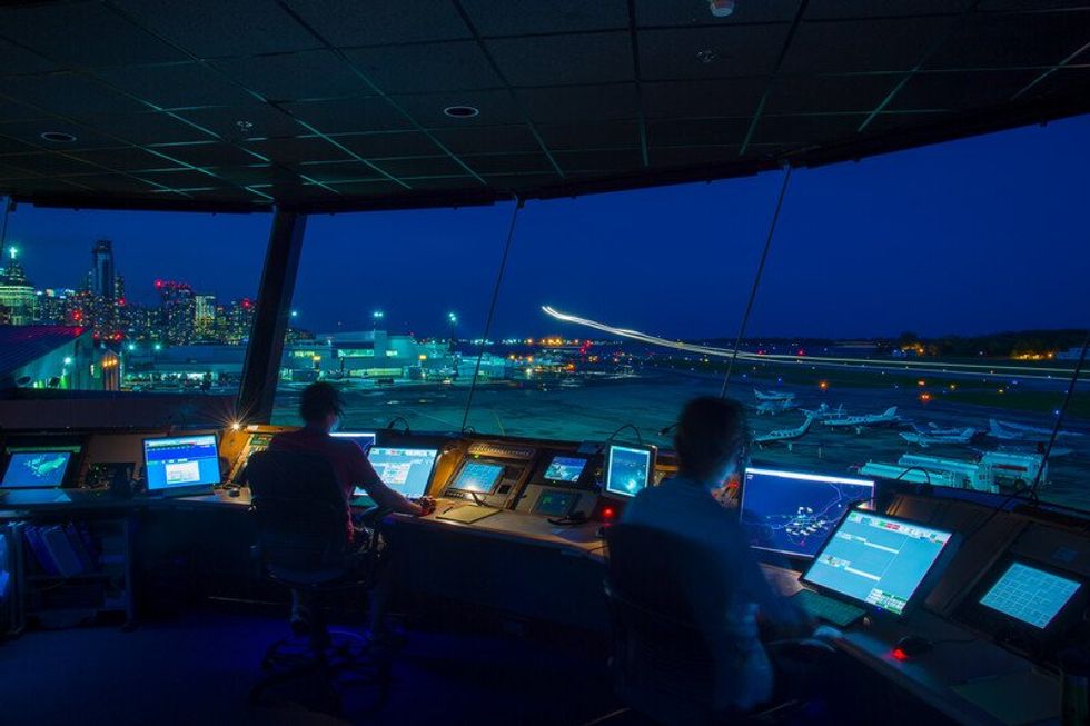 An air traffic control tower at Billy Bishop Airport in Toronto, ON.